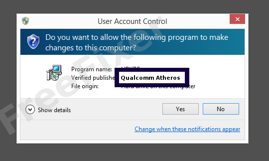 Screenshot where Qualcomm Atheros appears as the verified publisher in the UAC dialog